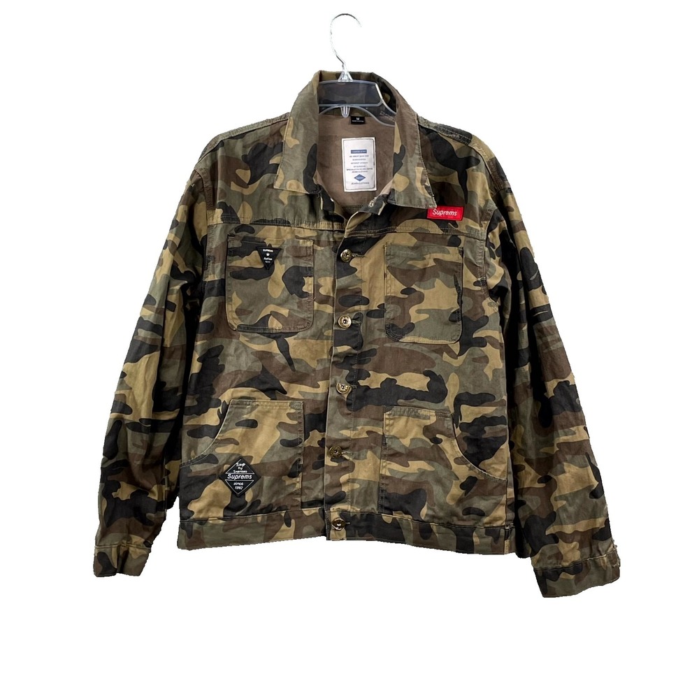 Suprems Denim Trucker Jacket Mens Medium Camo Military Utility Chore Workwear